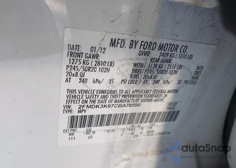 2012 Ford Edge Limited из США, поврежденный, VIN 2FMDK3K97CBA78590